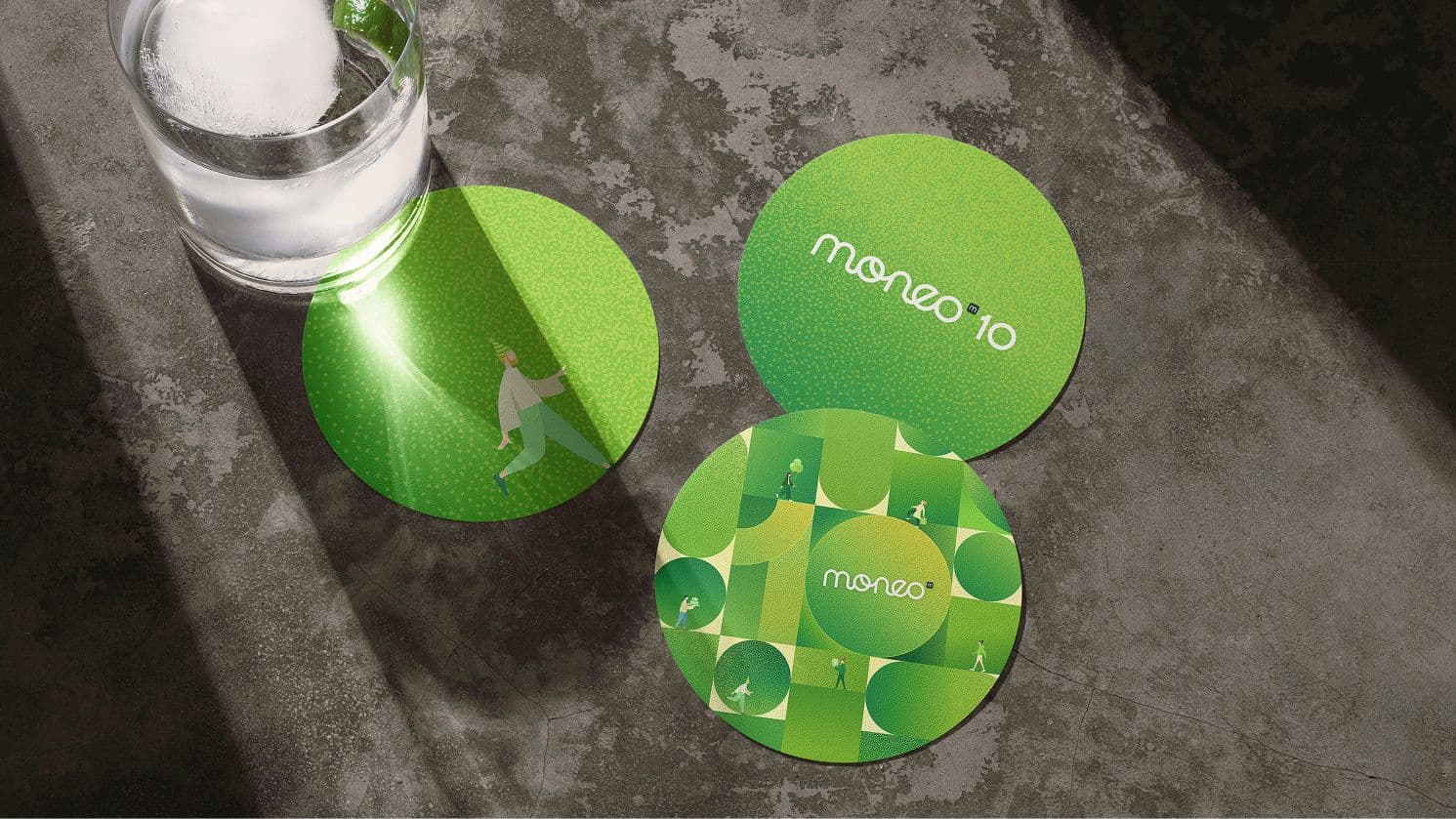 Round Moneo 10 branded cup coasters in salad green