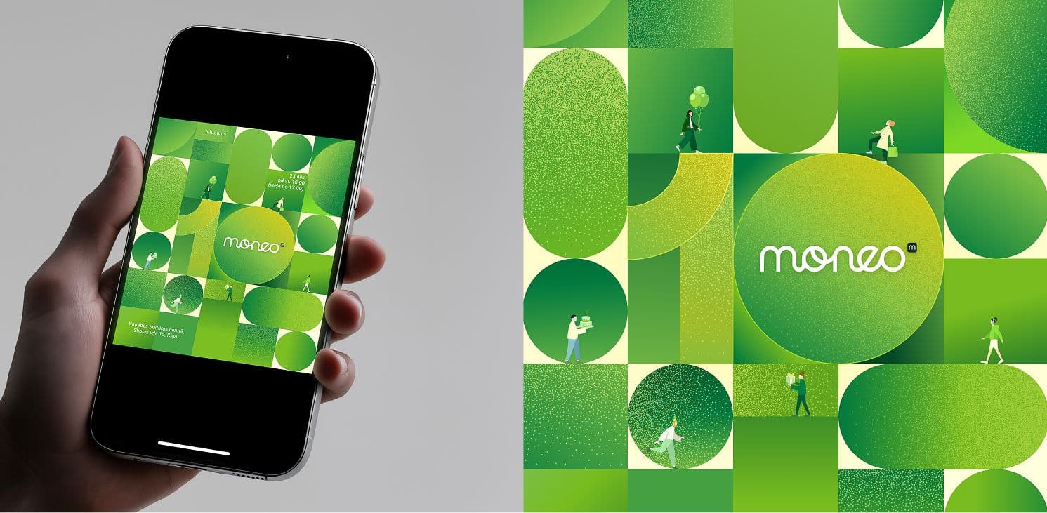 Split screen of graphic image of Moneo 10 in the middle in salad green colour