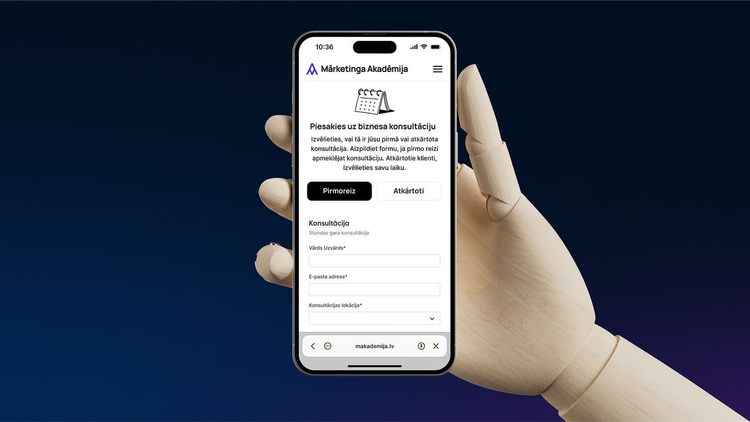 Mobile view of Mārketinga akadēmija consultation booking page